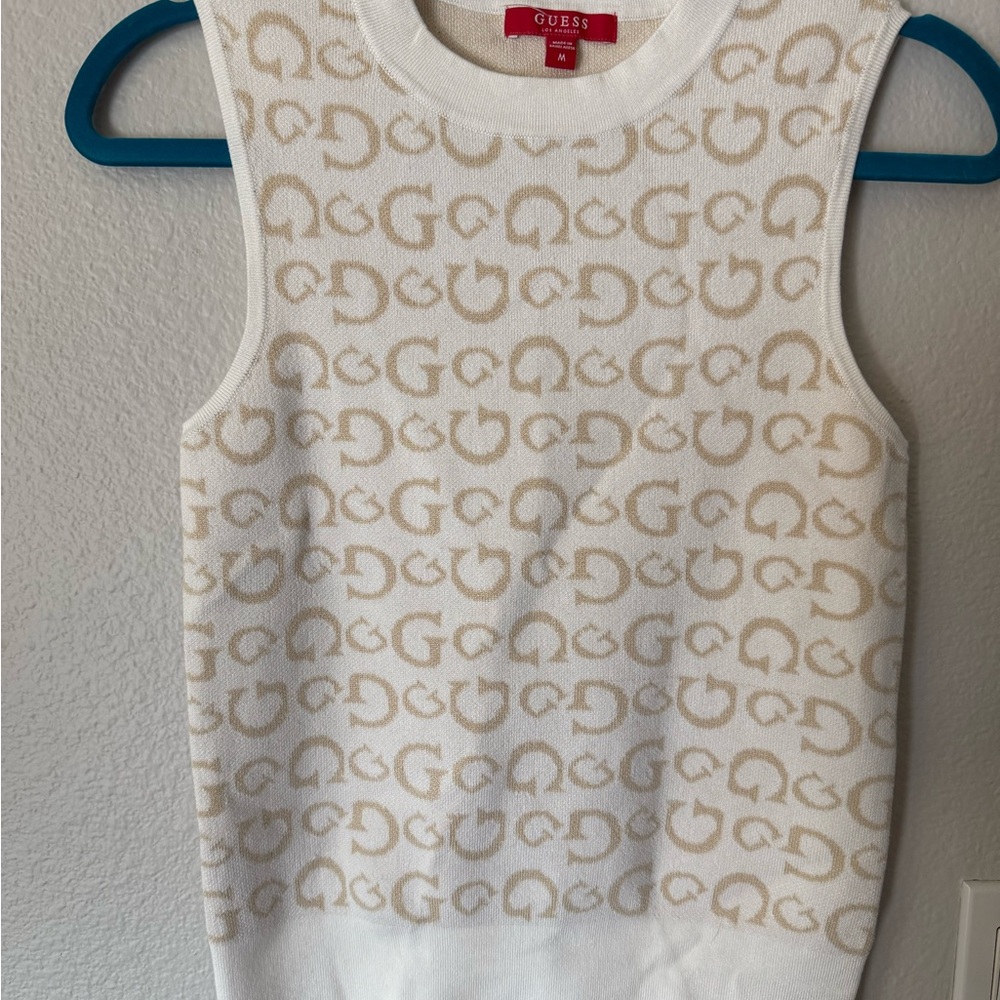 Guess Cream and Tan Patterned Sleeveless Top